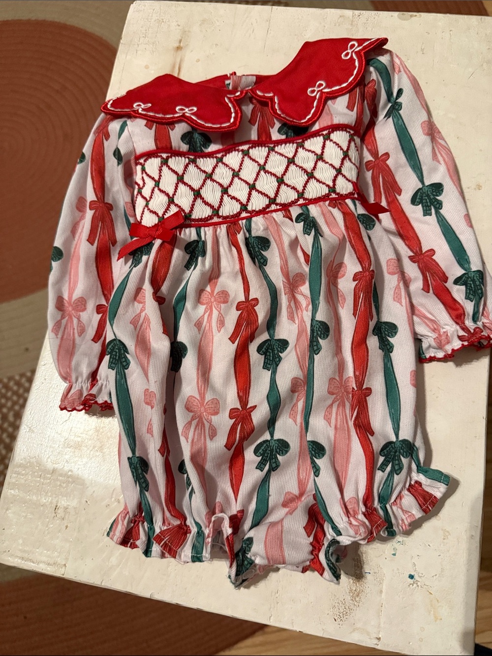 Red & Green Bow Smocked Baby Bubble